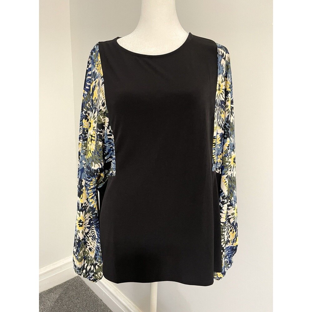 Chicos Top Sz 2 Womens Size Large Black Color Block Floral Sleeve Stretch Knit